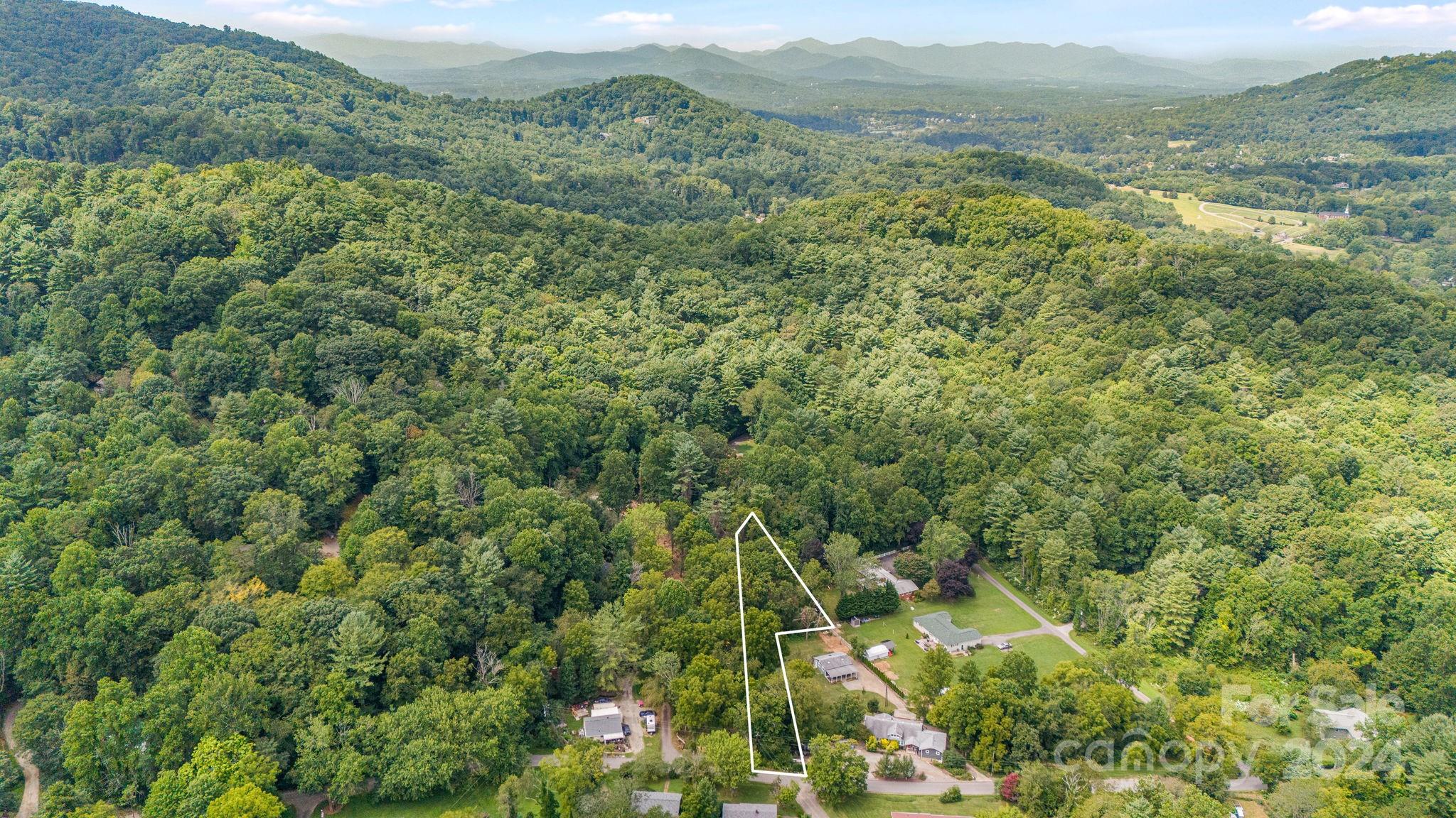 an aerial view of residential houses with outdoor space and trees