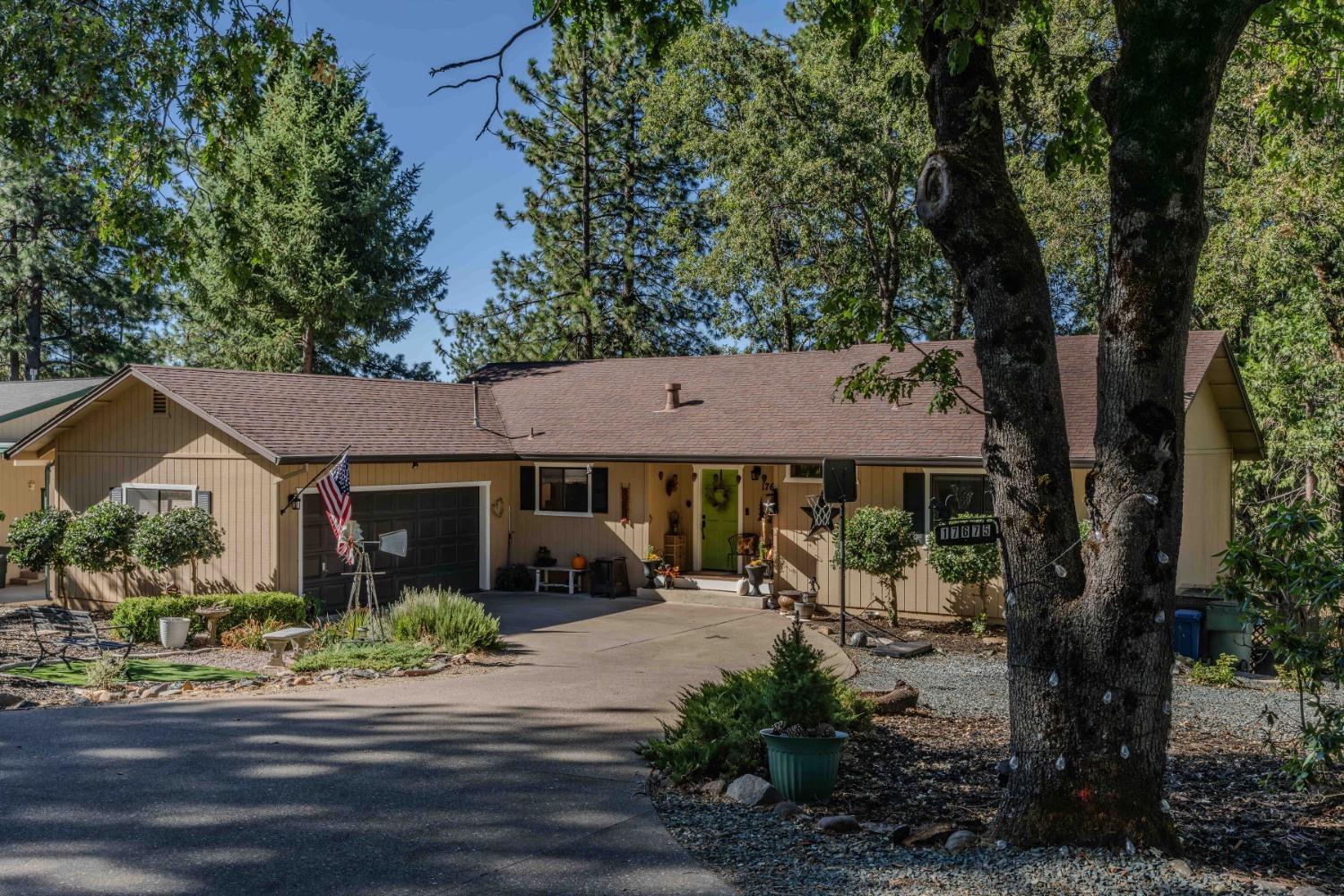 front view of a house with a patio