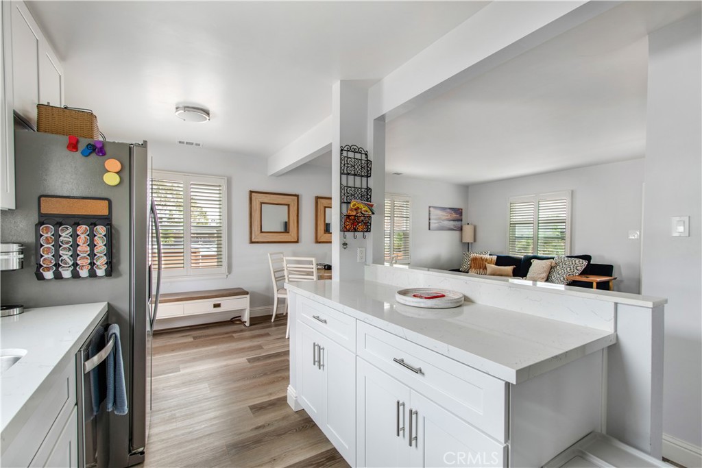 Kitchen counter over looking the living room