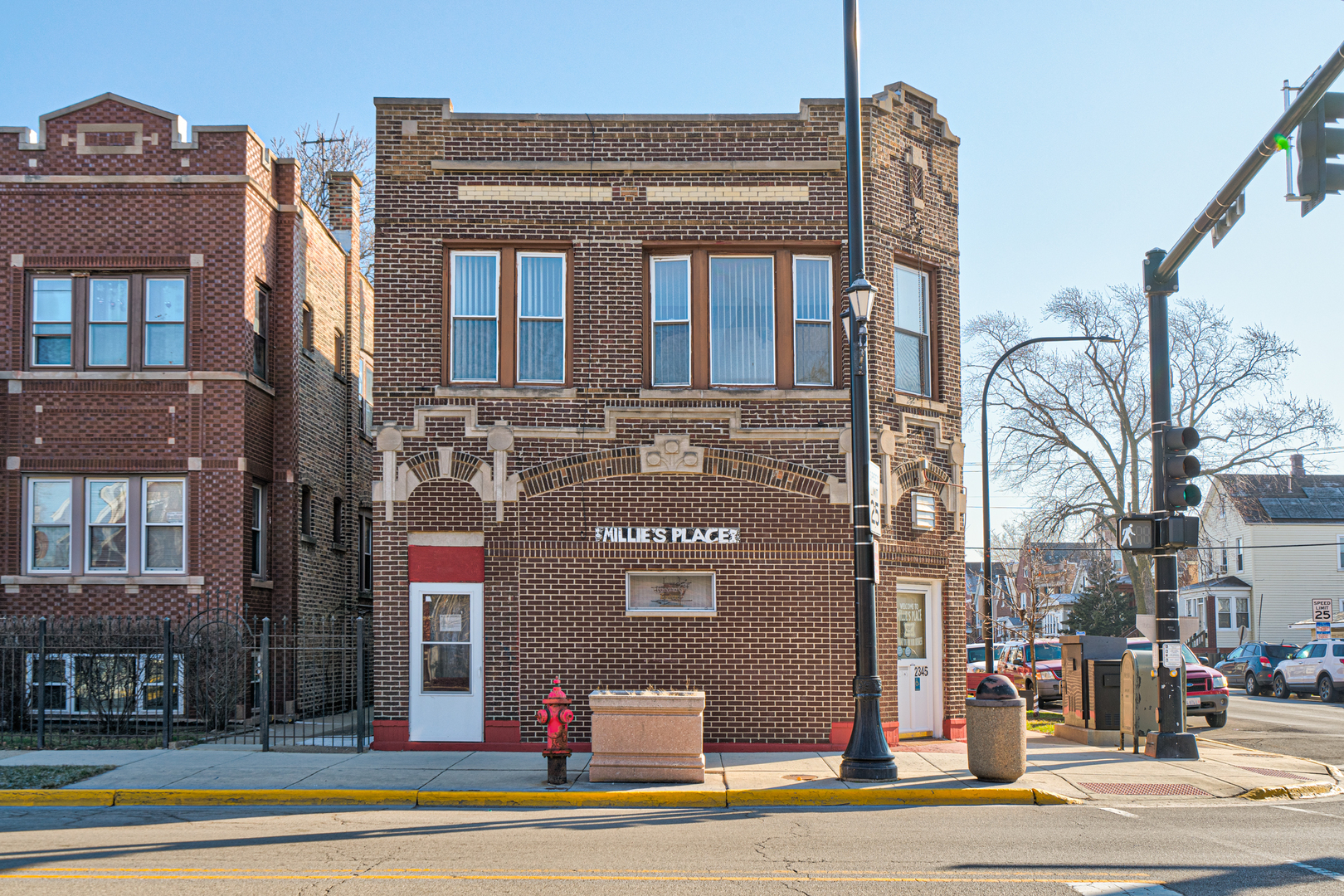 a front view of a building