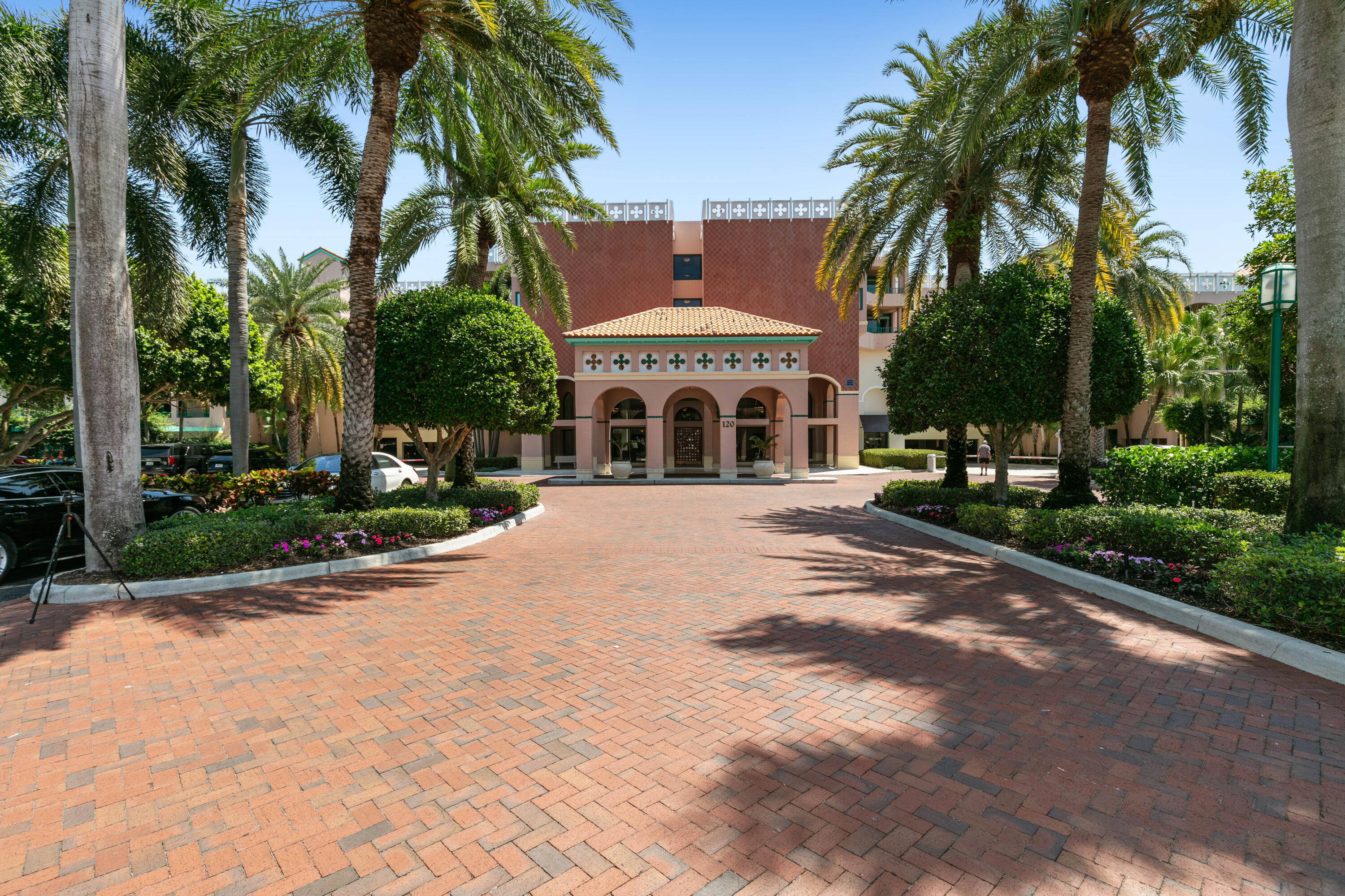 a white house with palm tree in front of it