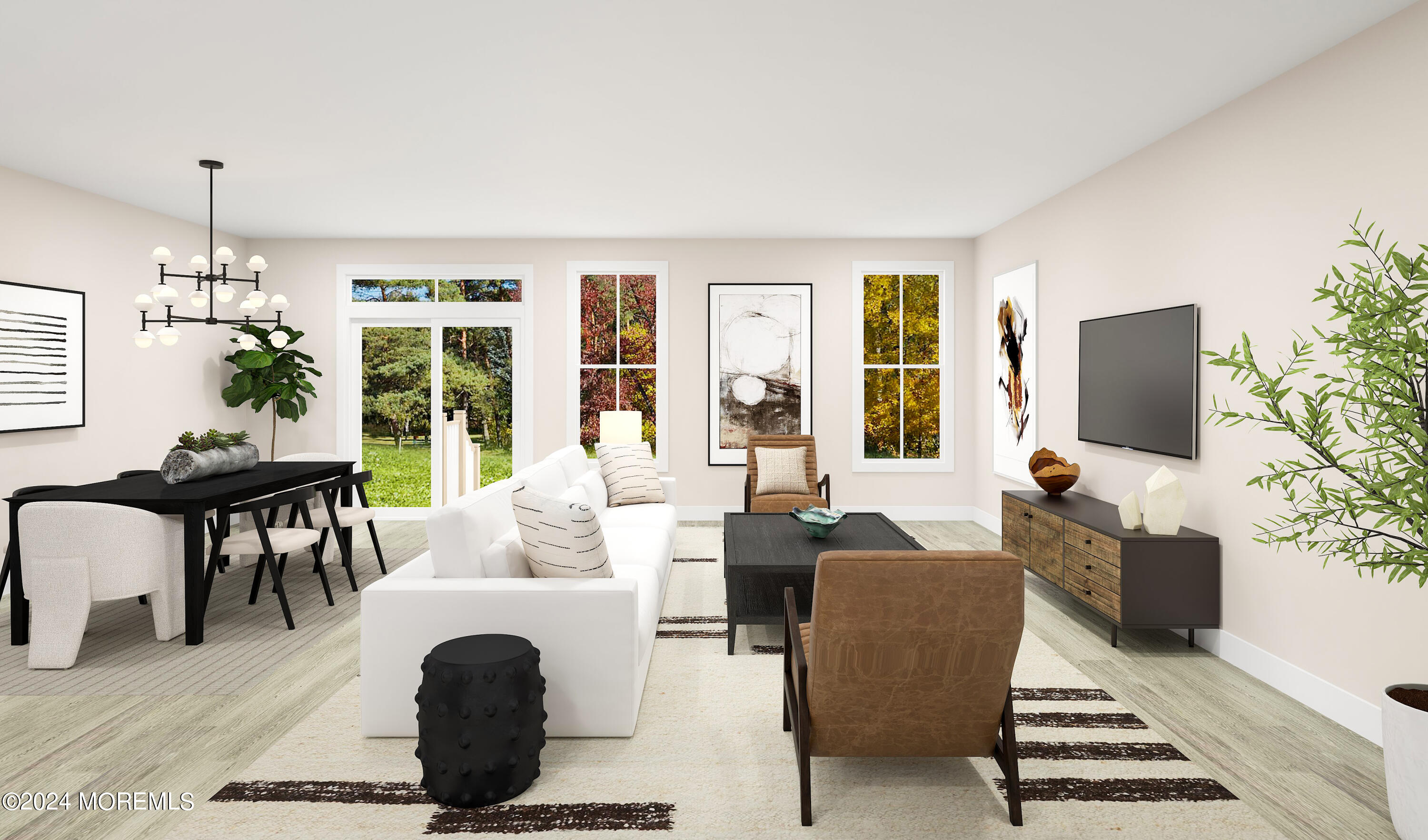 a living room with furniture a flat screen tv and a large window