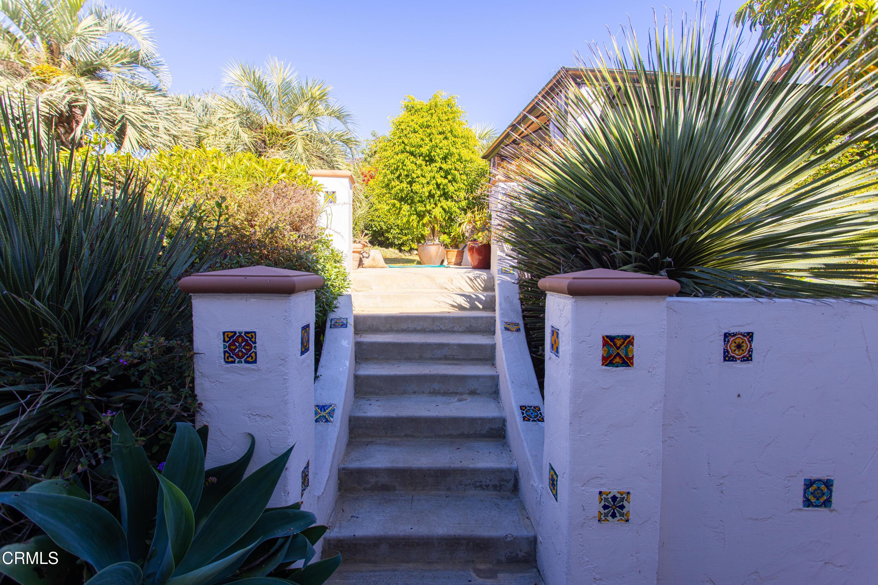 a view of a house with a small yard and plants