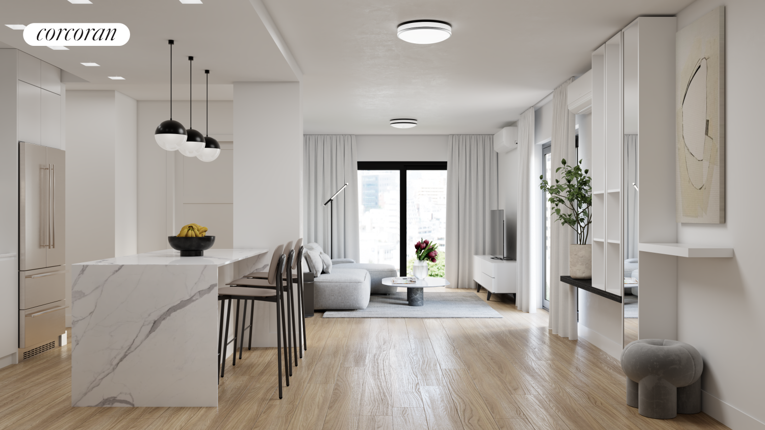 a living room with furniture and a chandelier