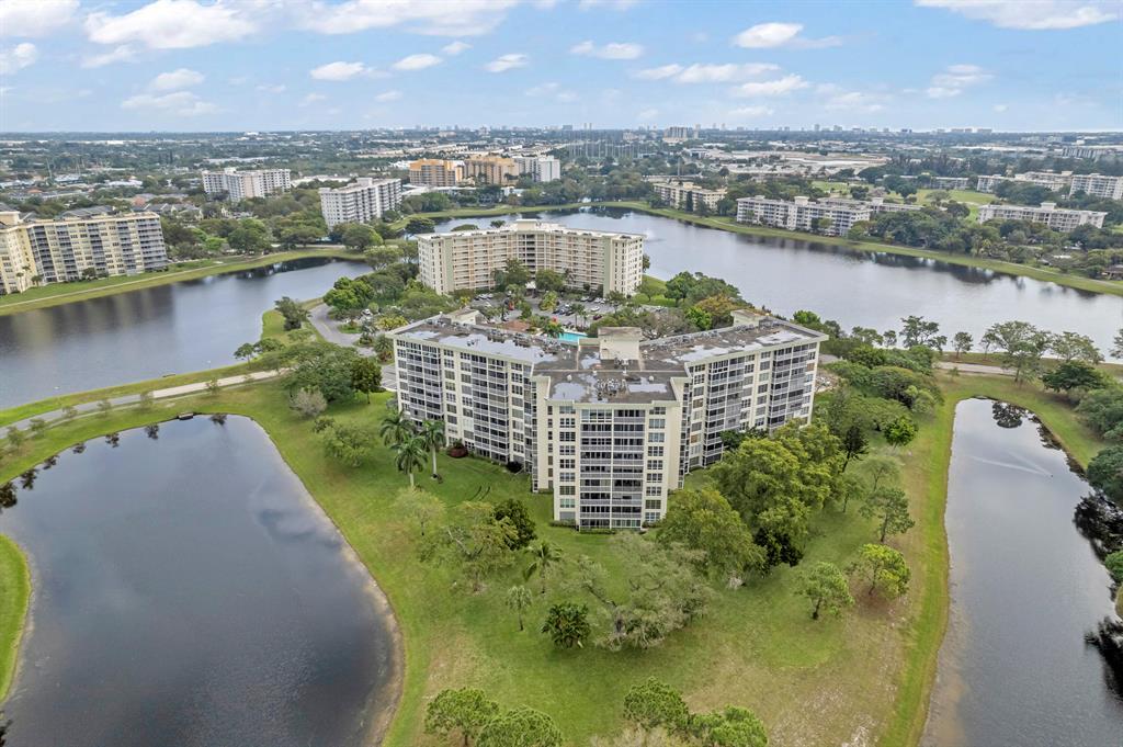 a view of a lake with a city