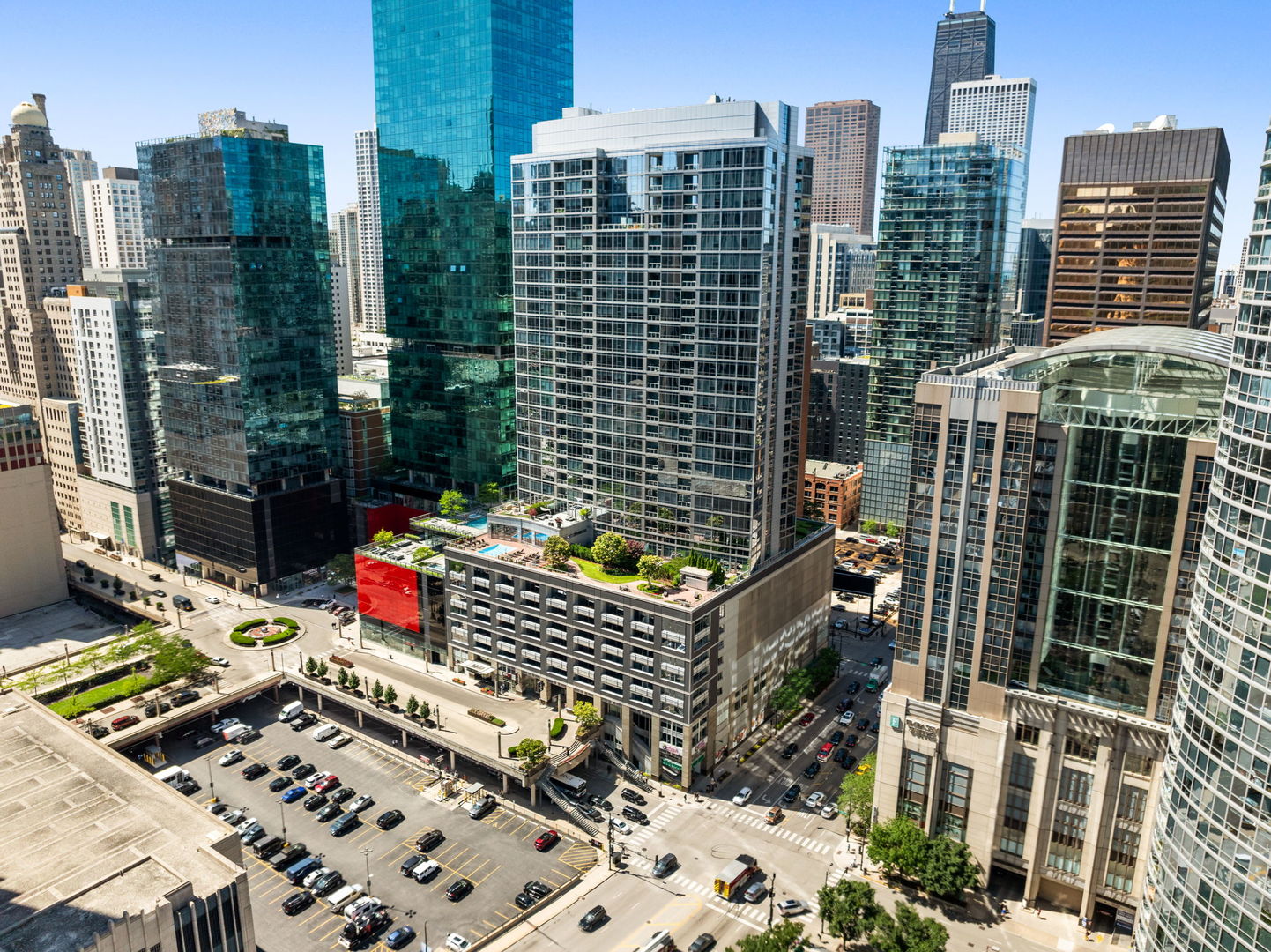 a view of city with tall buildings