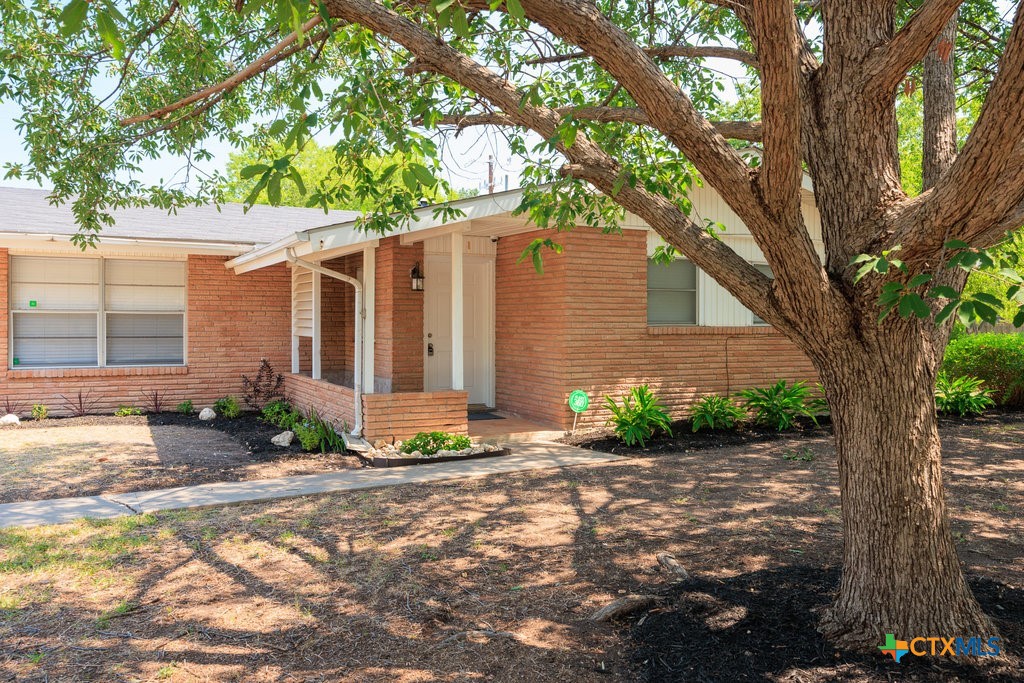 a front view of a house with a yard and potted plants