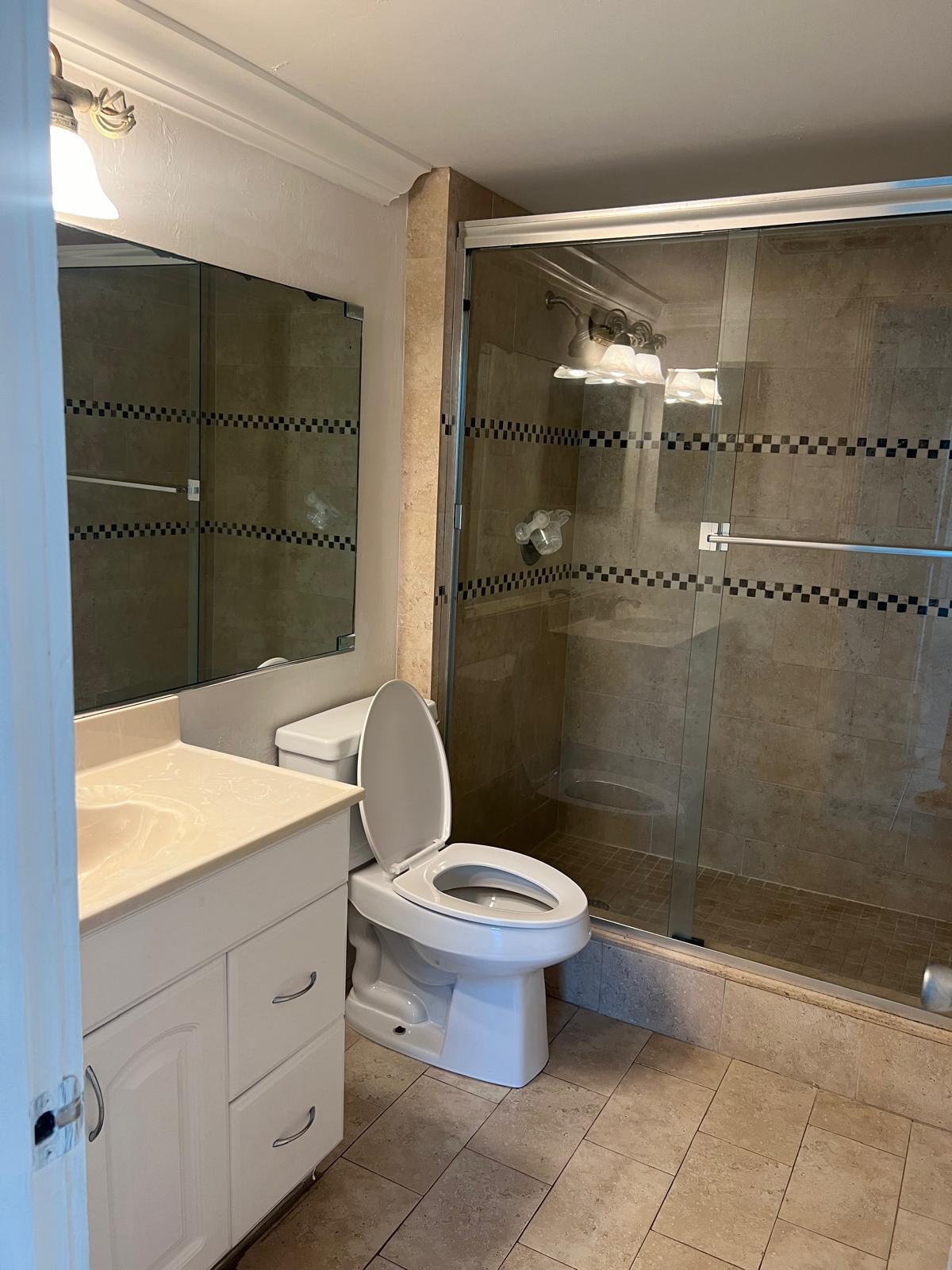 a bathroom with a shower and a toilet