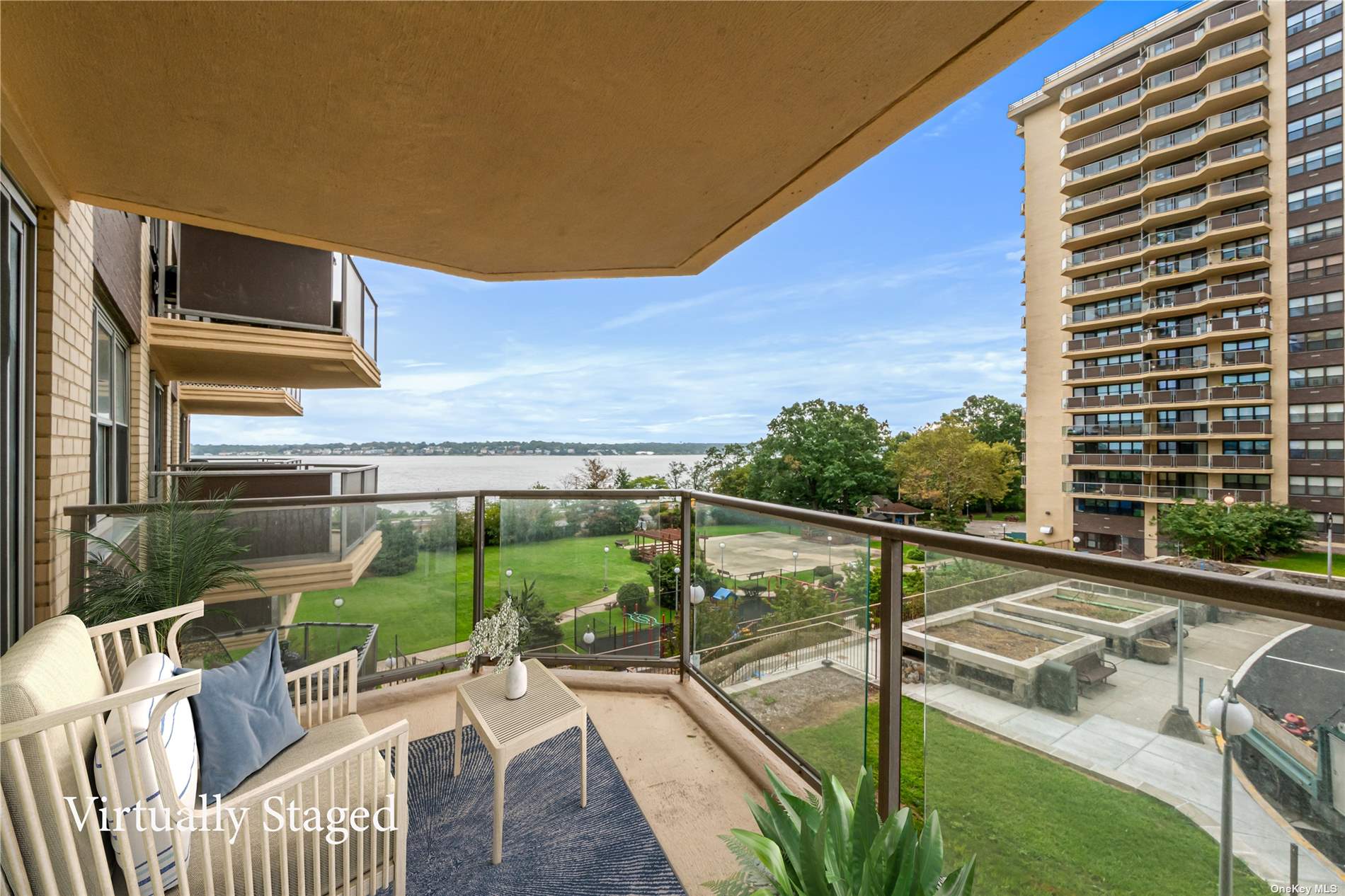 a view of balcony with furniture