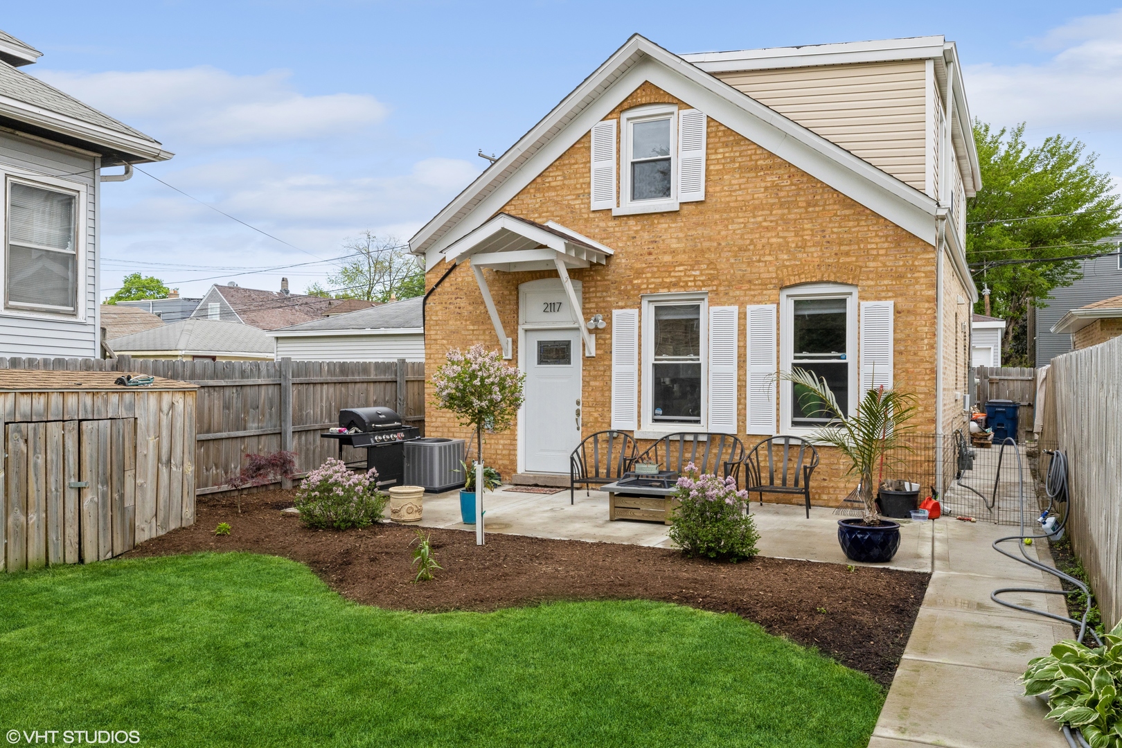 a front view of a house with patio