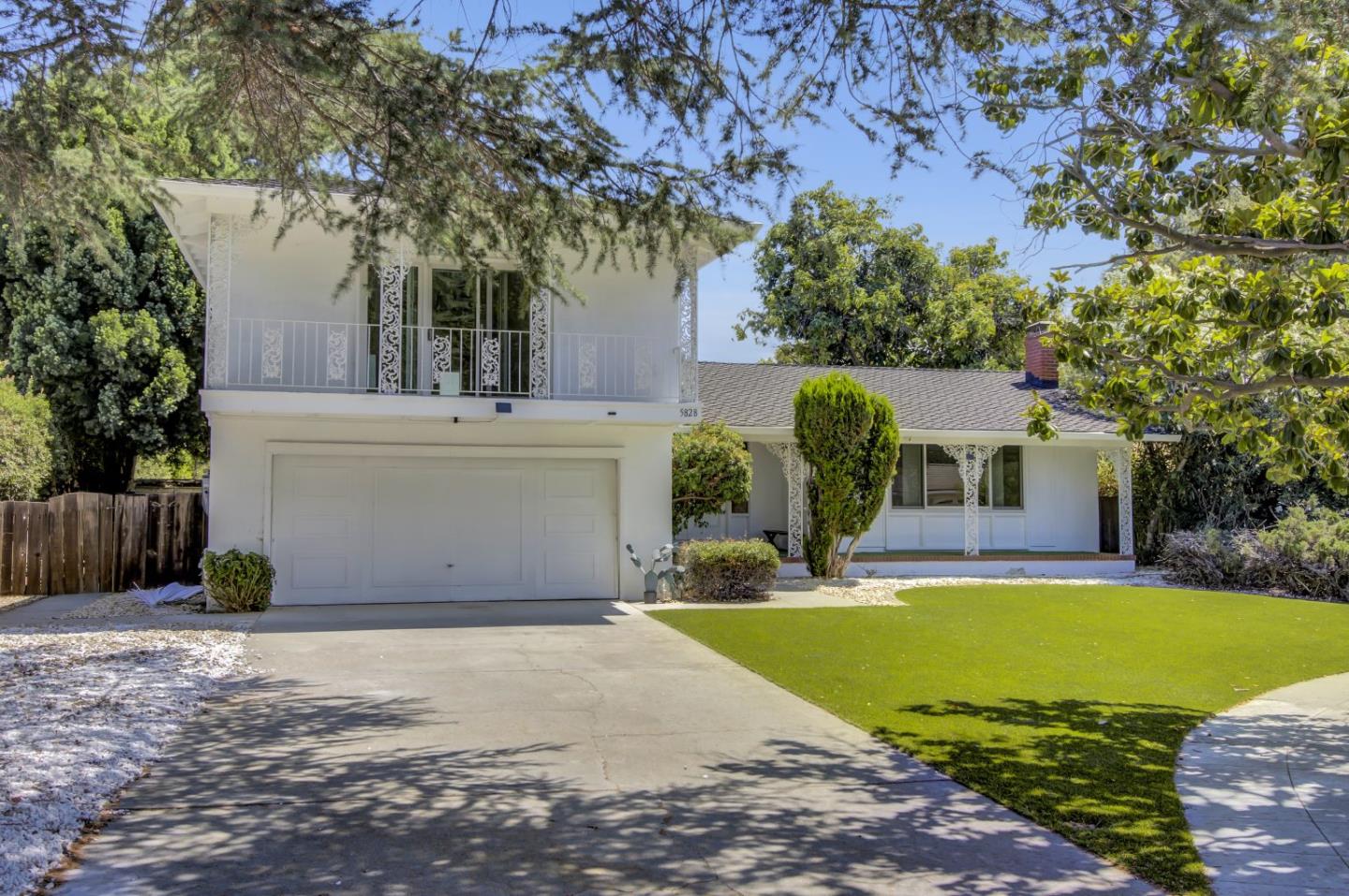 a view of a white house with a yard plants and a large tree