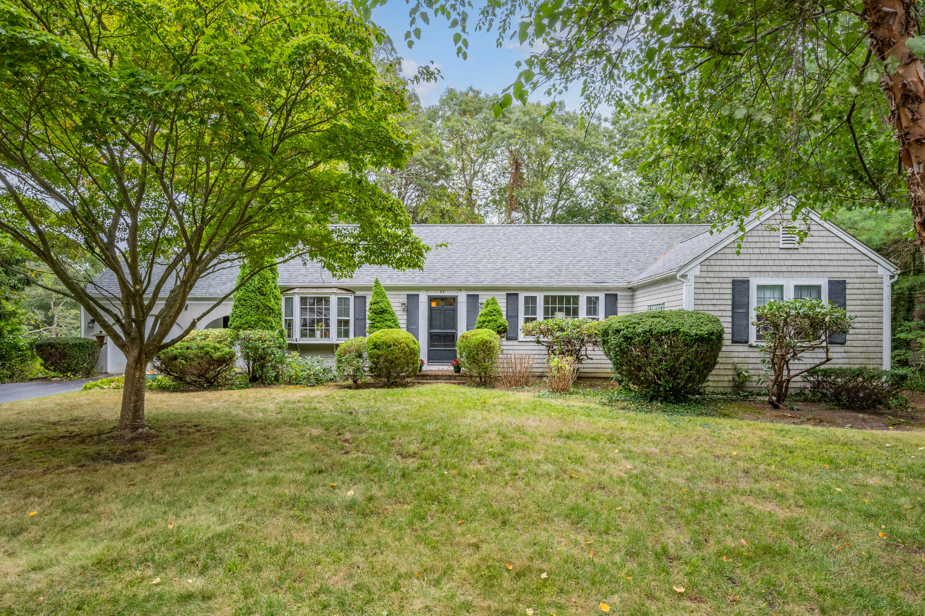 a view of a house with a big yard and large trees