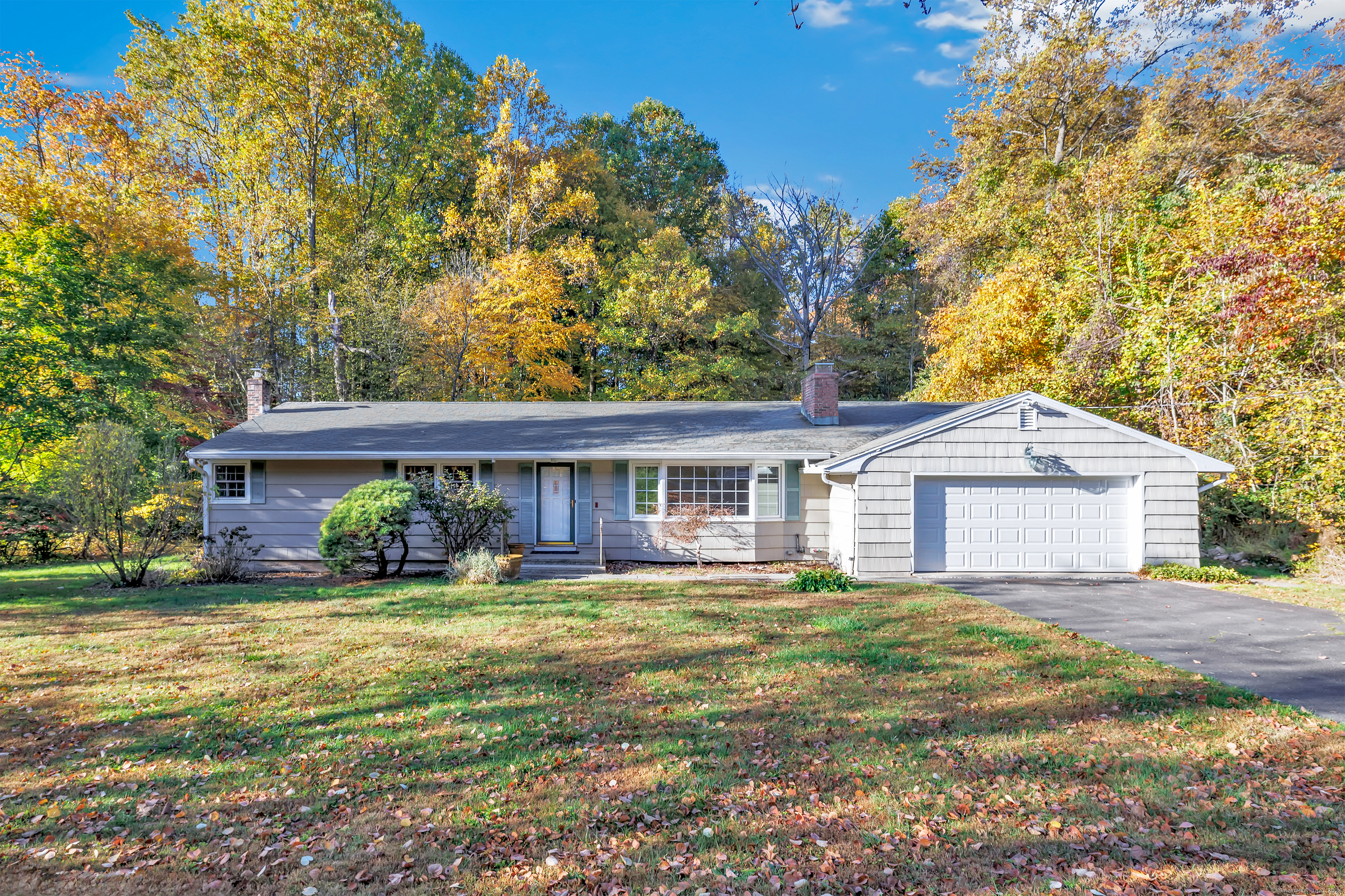 a front view of house with yard and green space