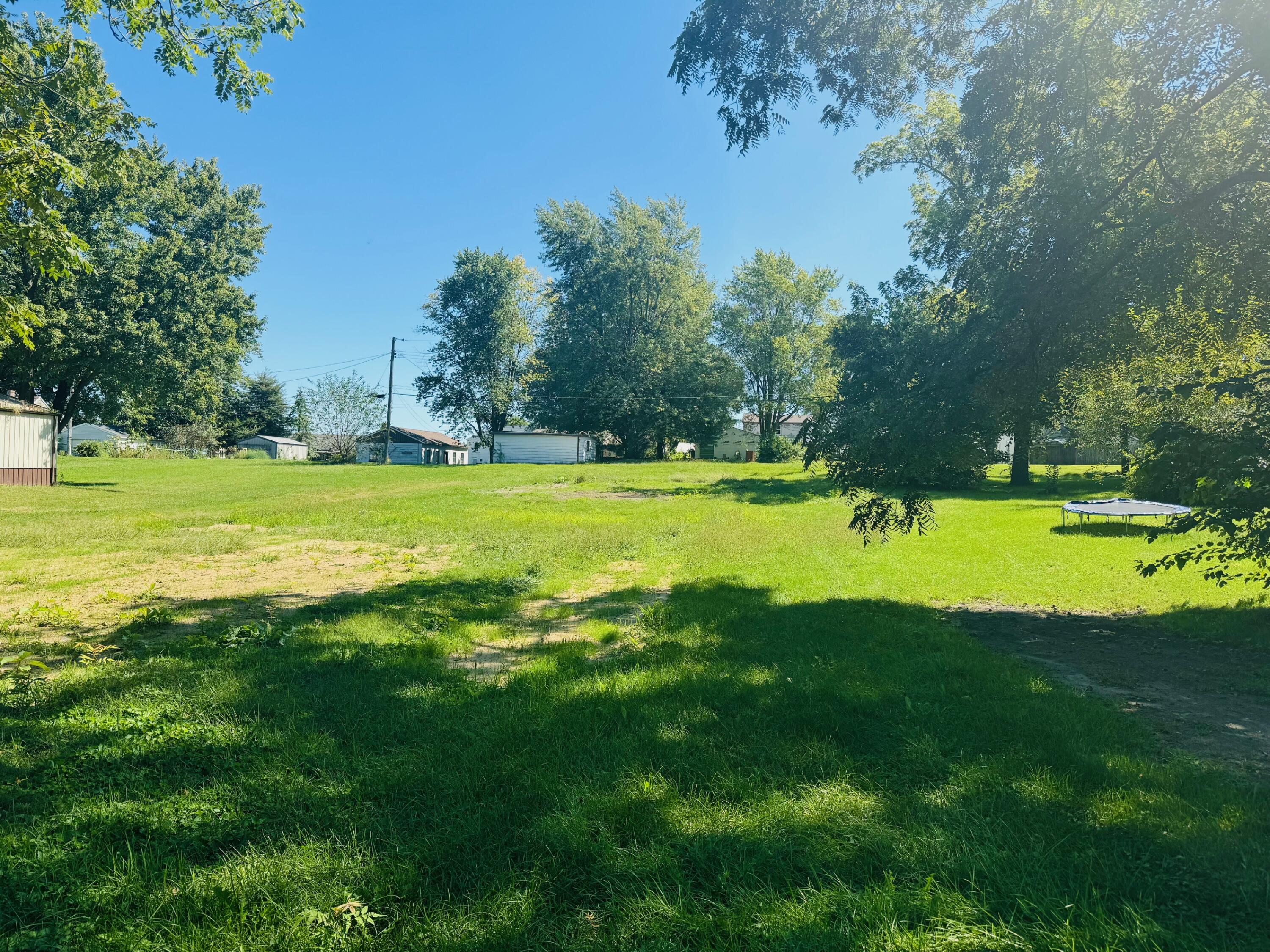 a view of a swimming pool with a yard and a large tree