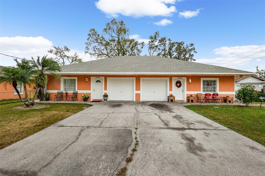 front view of a house with a patio