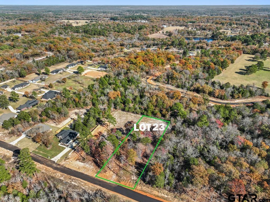 an aerial view of residential houses with outdoor space and trees