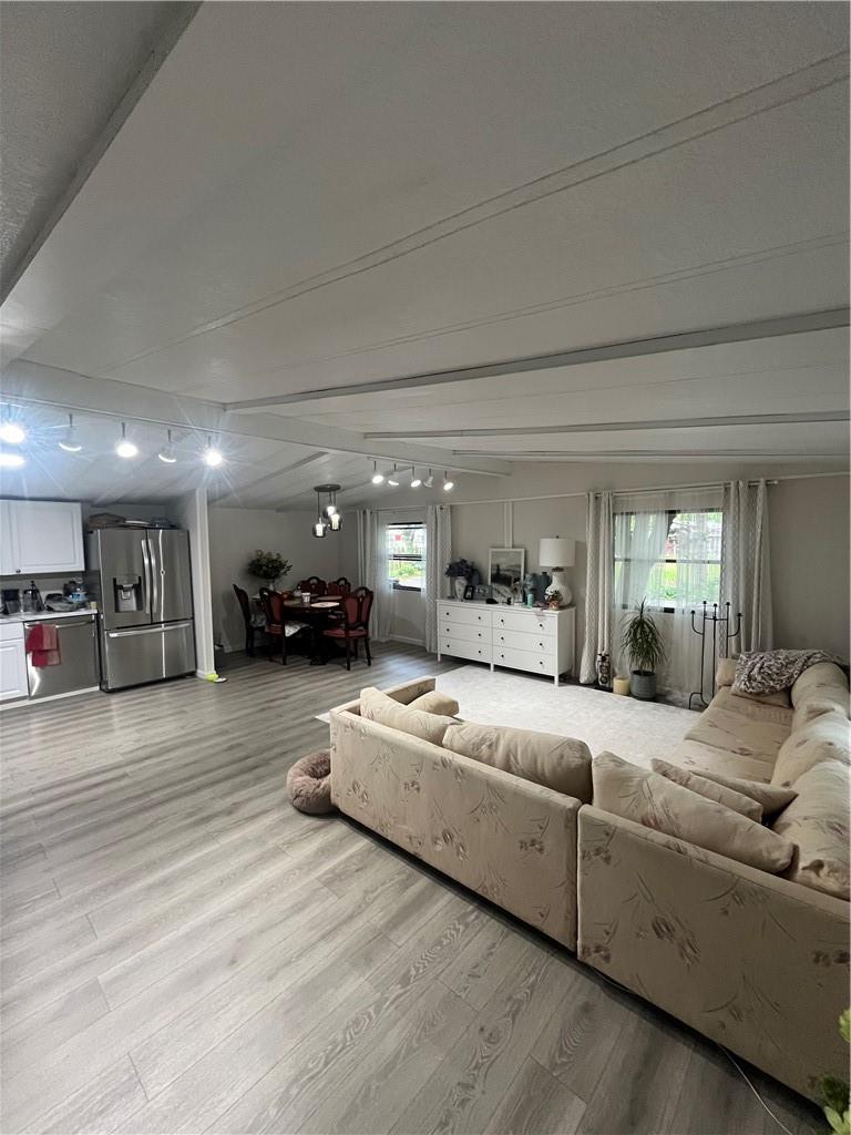 Living room with light hardwood / wood-style flooring and track lighting