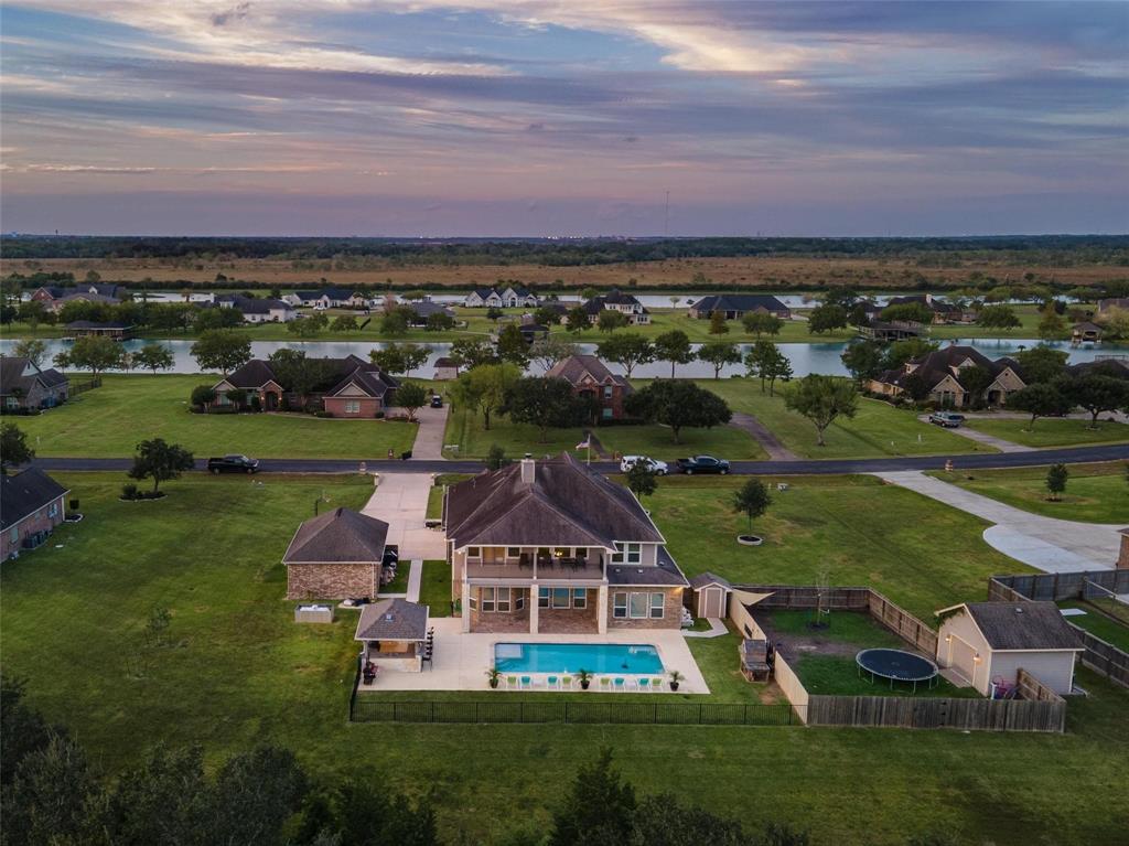 an aerial view of a house with a garden