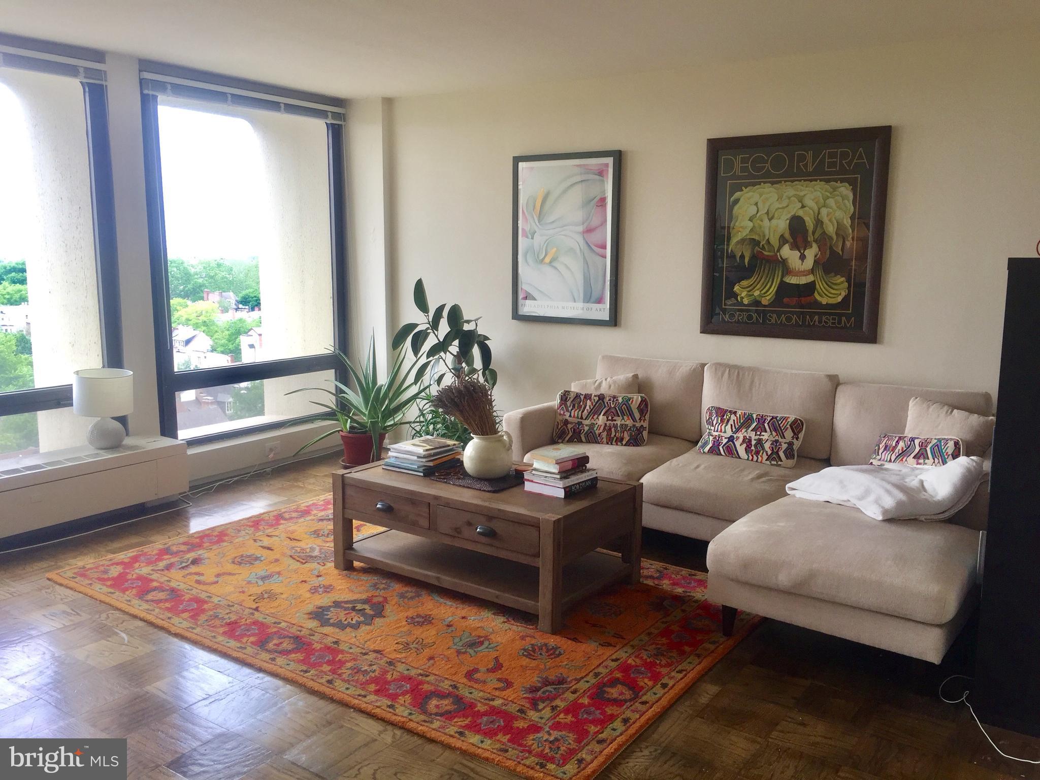 a living room with furniture and a rug