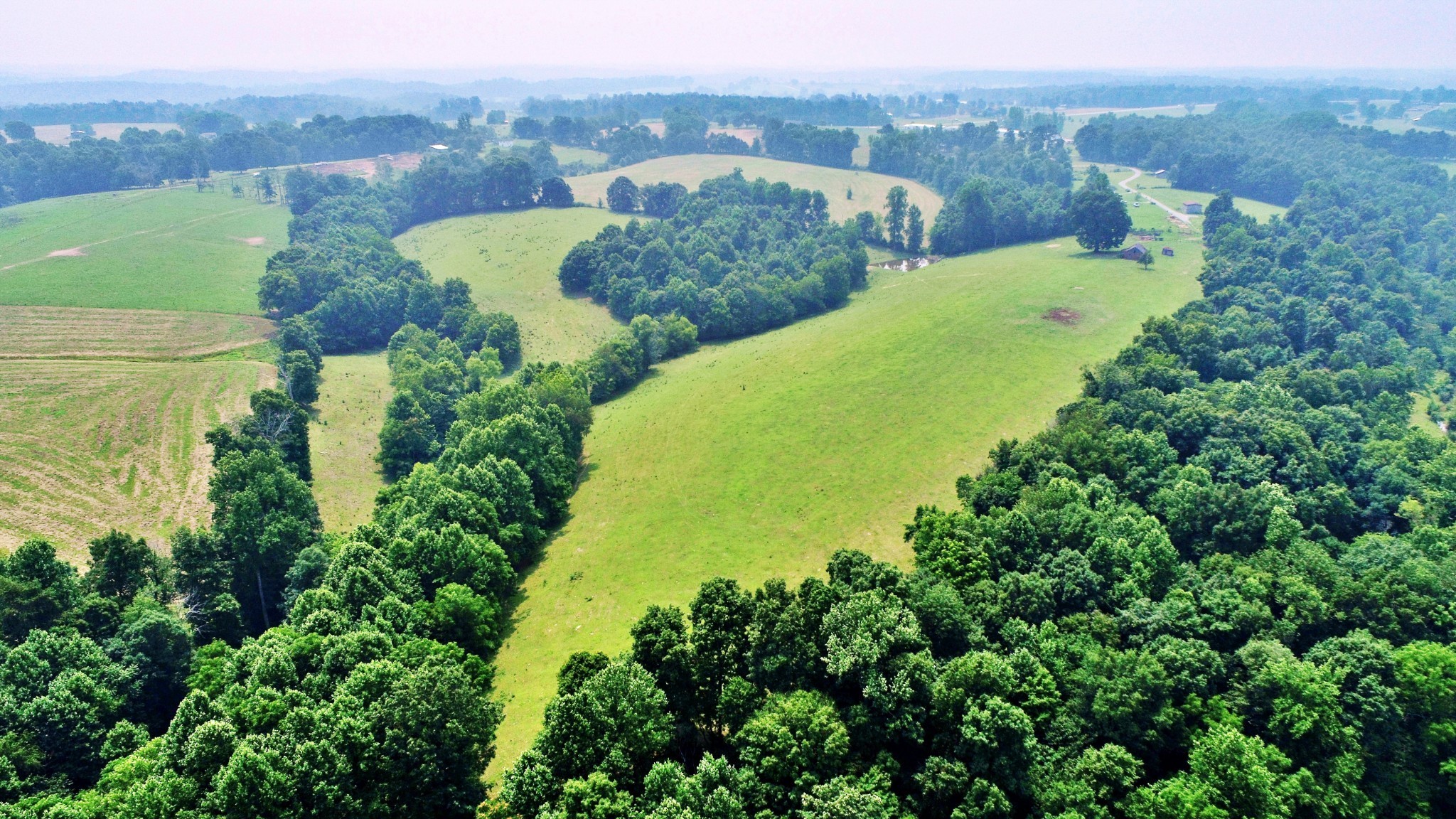 an aerial view of green landscape with trees houses and mountain view