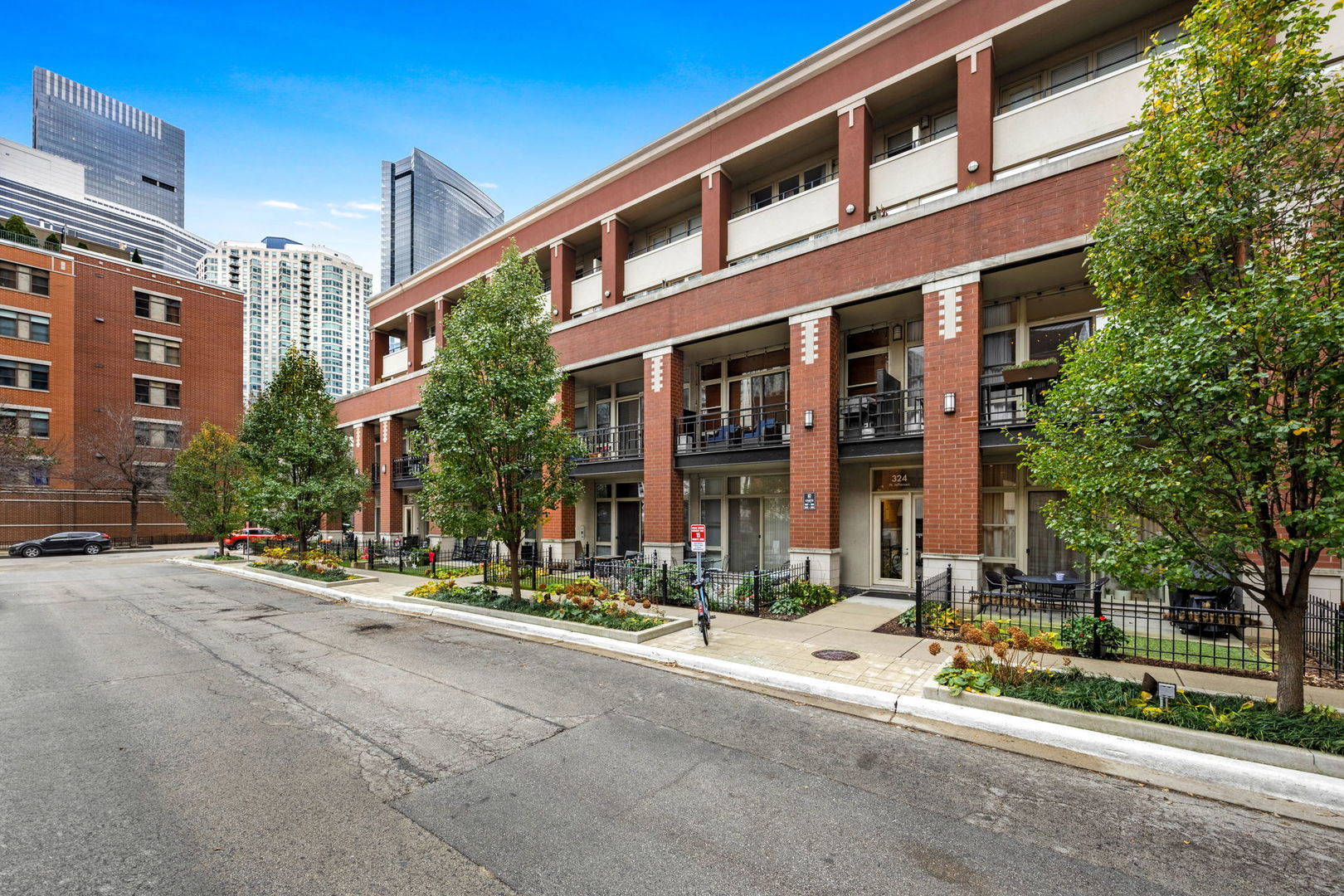 a front view of a building with street view