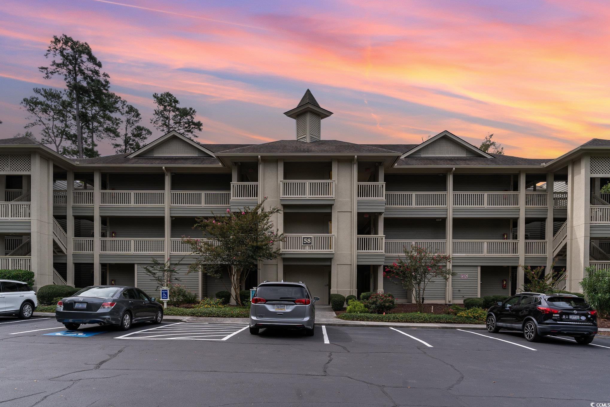 View of outdoor building at dusk