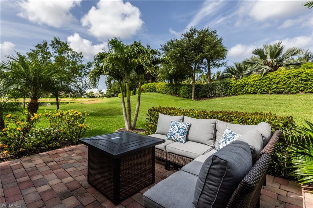 a view of a garden and patio