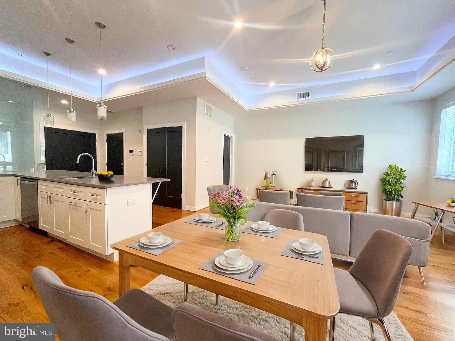 a view of a dining room with furniture