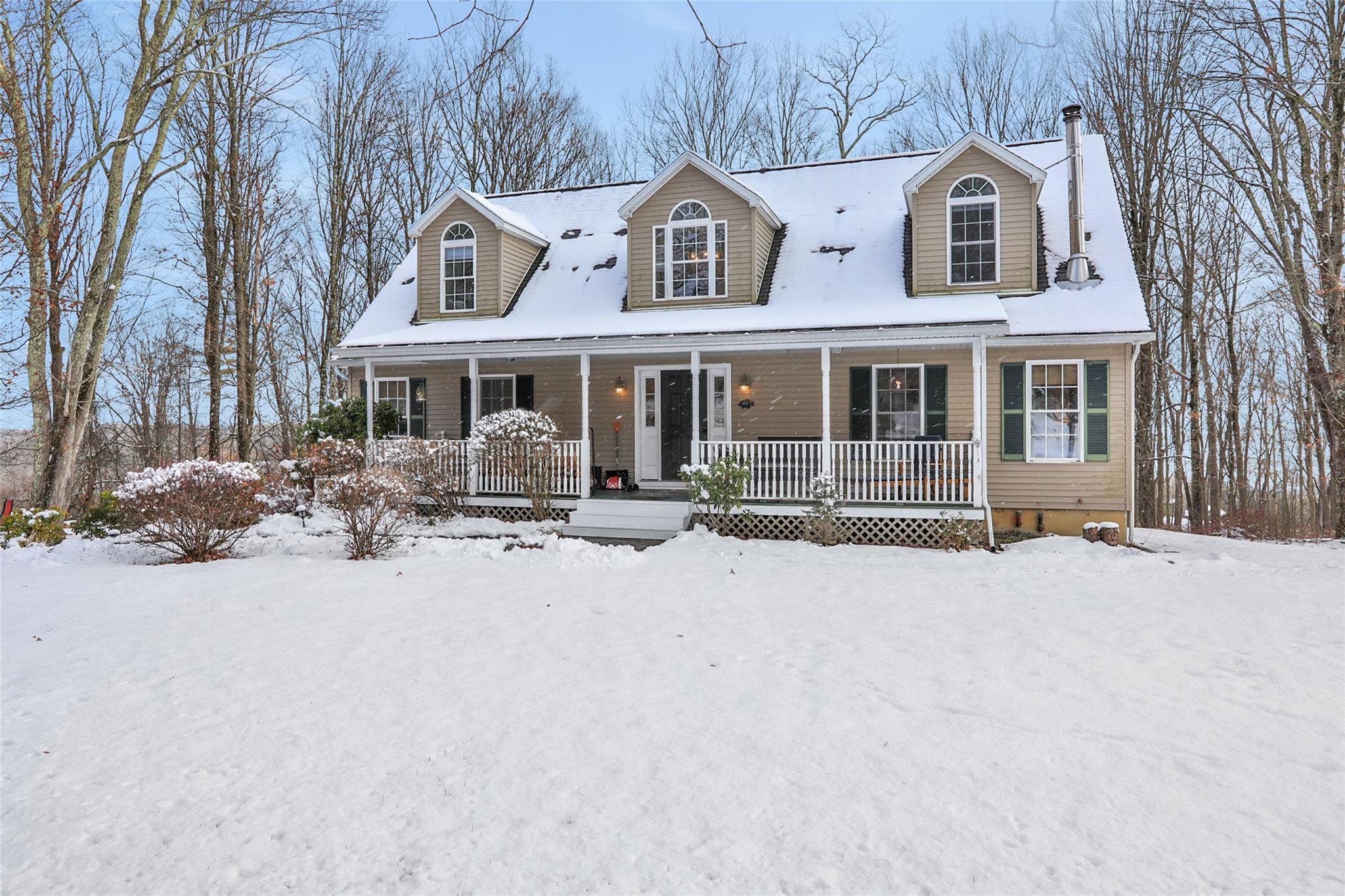 a front view of a house with yard and covered with snow