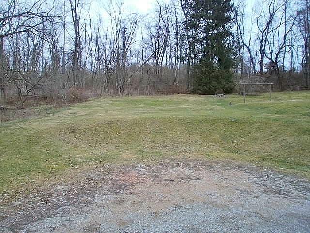 a view of a field with trees in the background