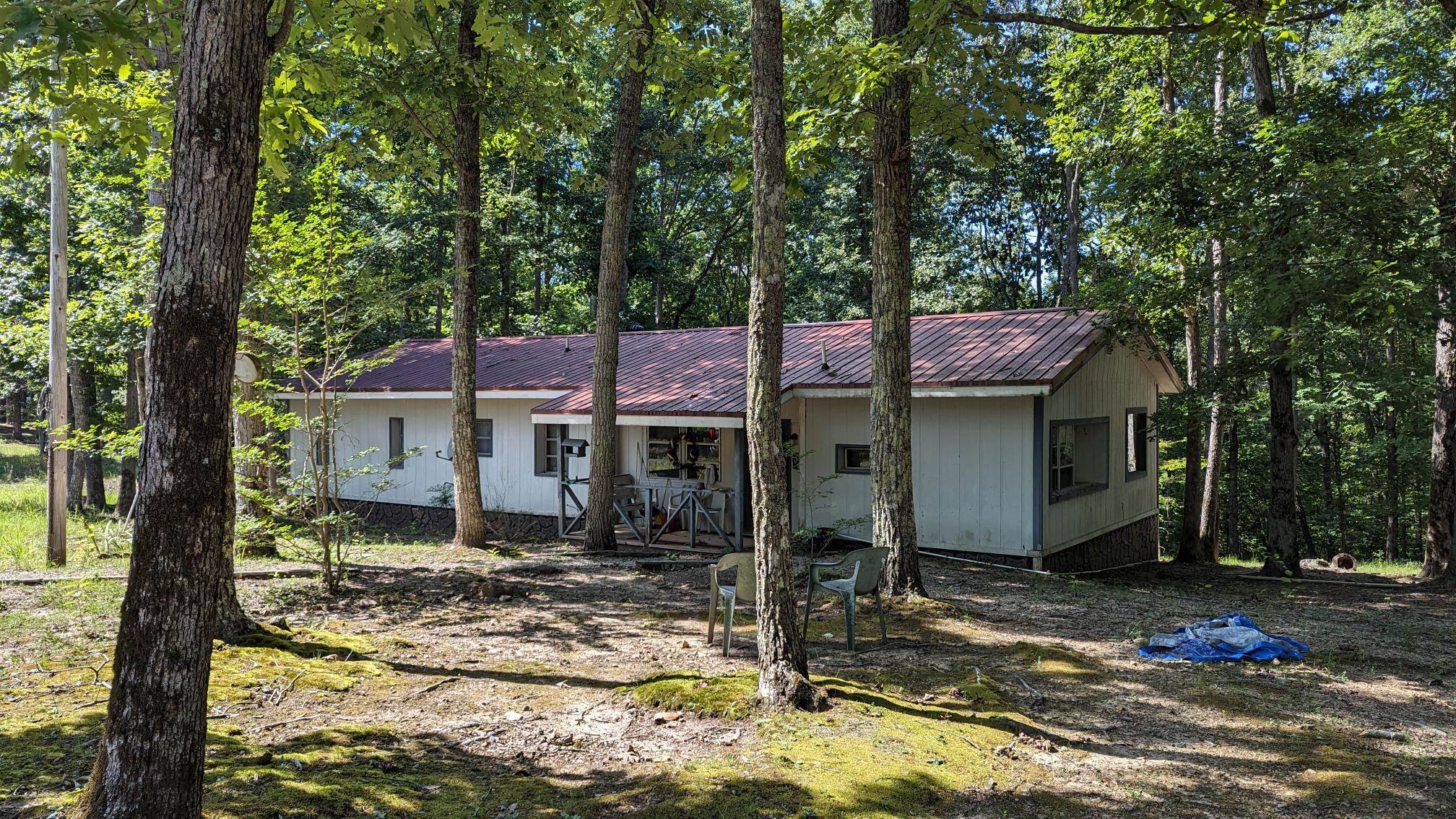 a view of a house with a tree in the forest