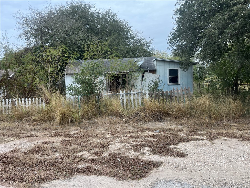 a view of a dry yard with large trees