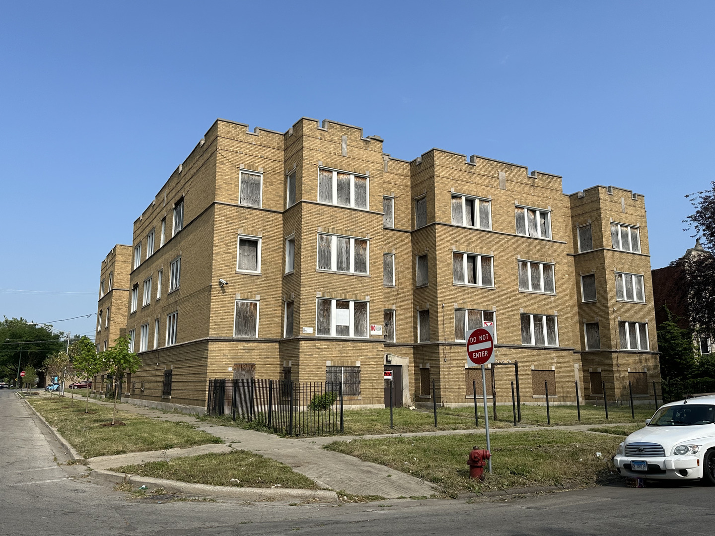 a view of a building with a street