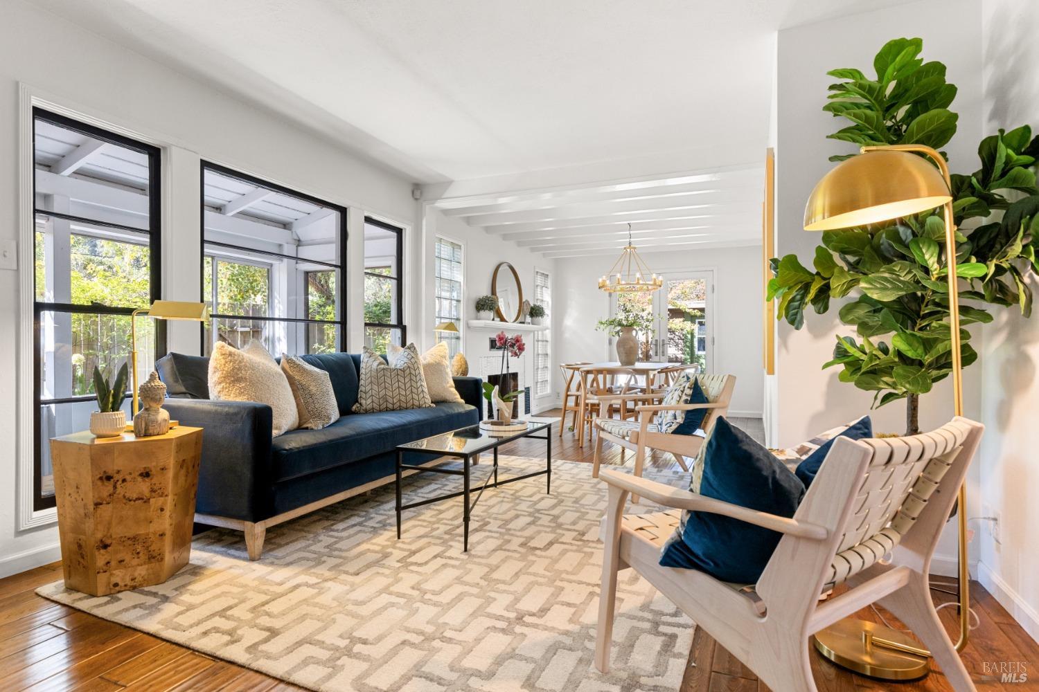 a living room with furniture and a potted plant