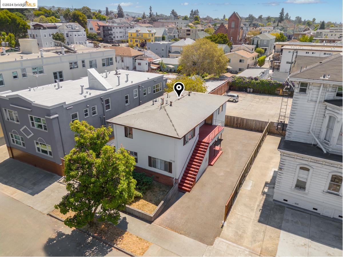 an aerial view of a building with outdoor space