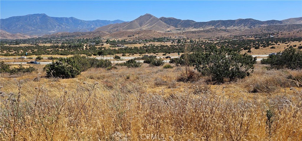 a view of a town with mountains in the background