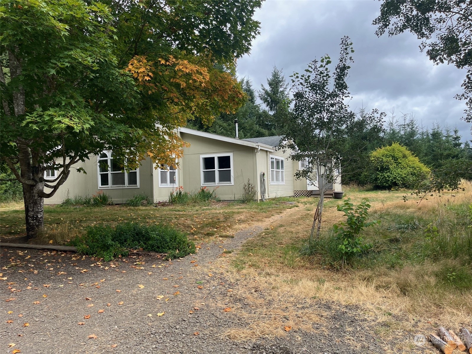 a view of a house with backyard and trees