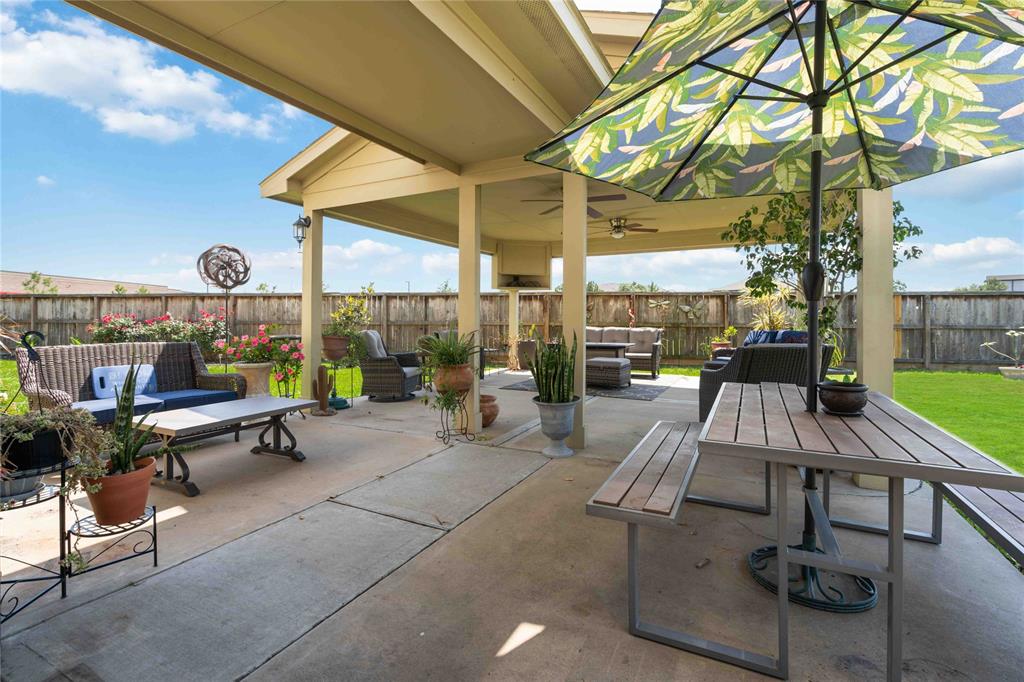 Extended covered patio with ceiling fans