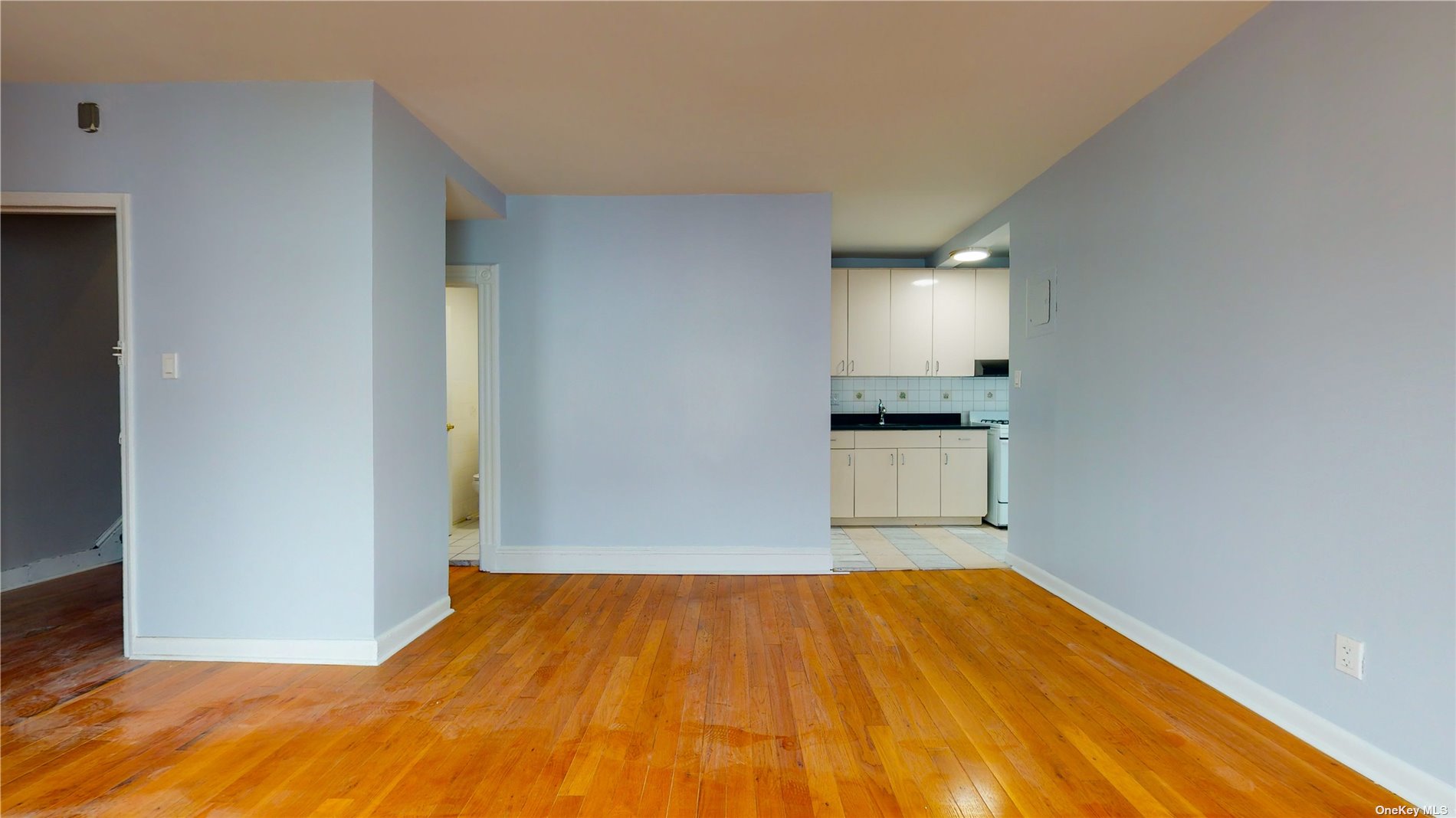 a view of empty room with wooden floor