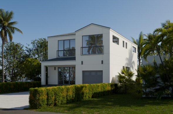 a front view of a house with a garden and yard