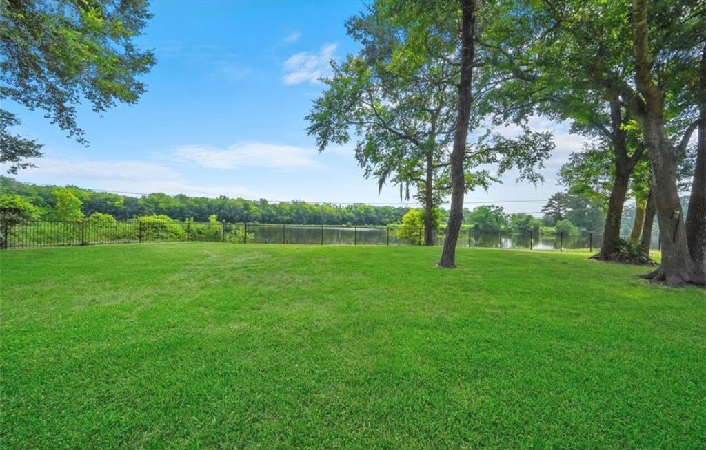 a view of a field with large trees