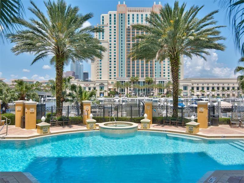 a view of a swimming pool with a lawn chairs under palm trees