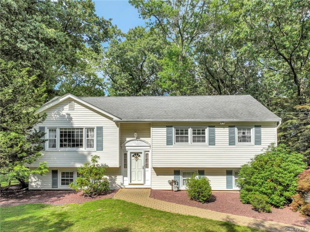 Raised ranch style home with a front lawn