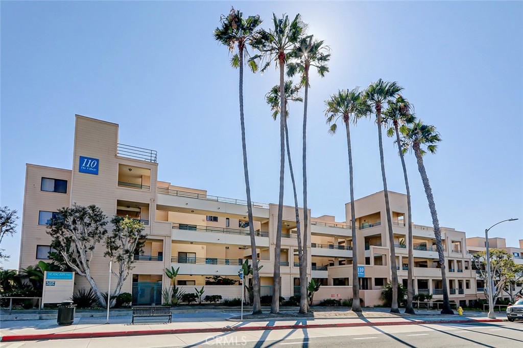 a view of a tall building with a palm tree