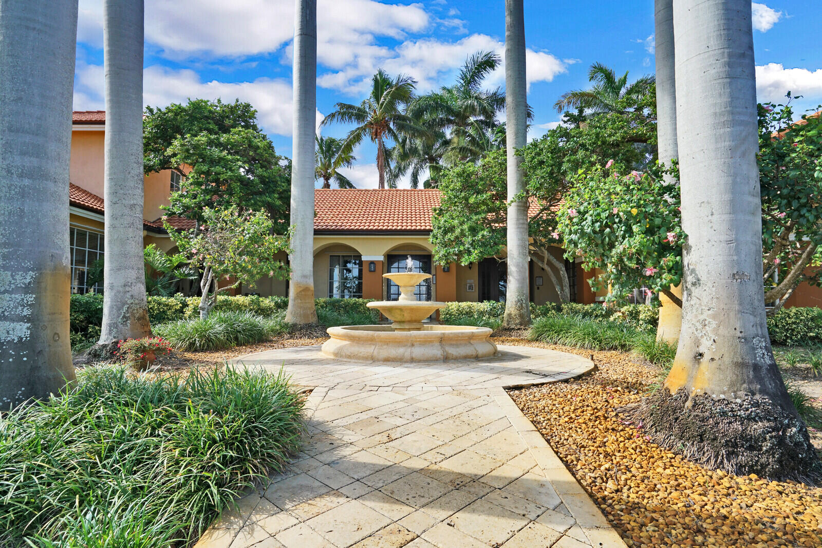 a view of a house with a yard and potted plants