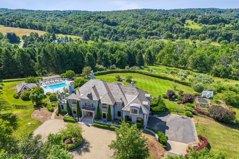 an aerial view of a house with swimming pool patio and outdoor seating