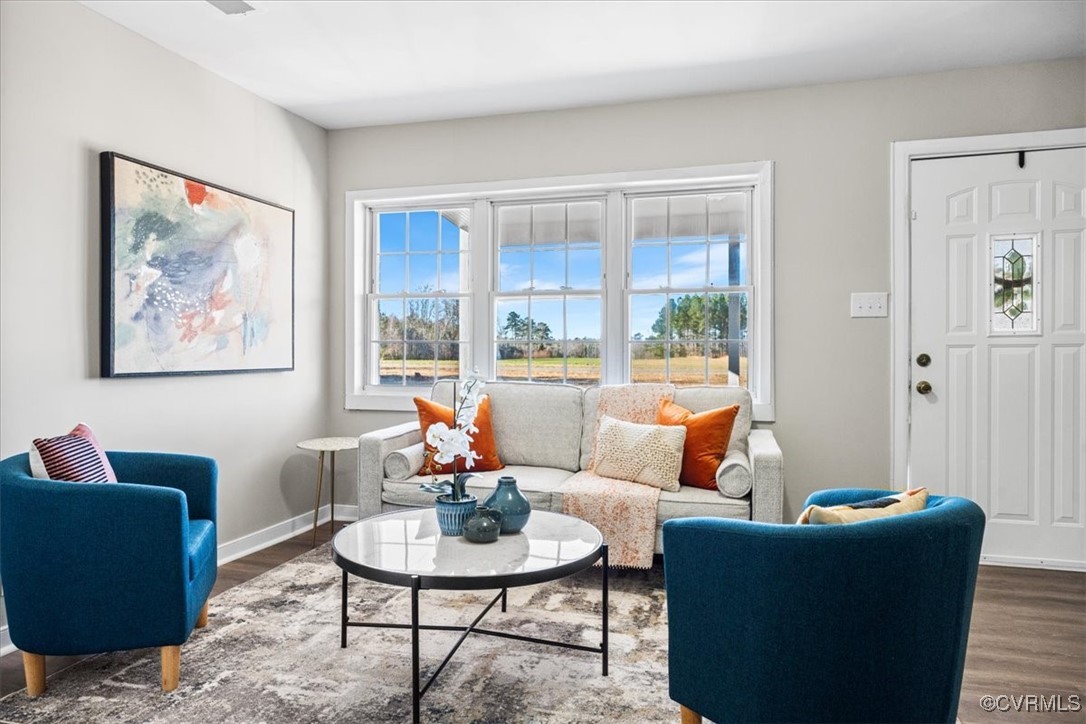 Living room with dark hardwood / wood-style floori