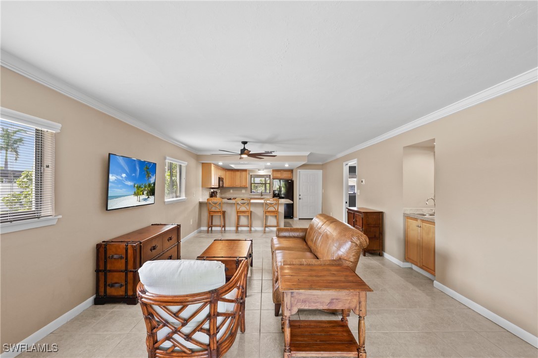 a living room with furniture and a table