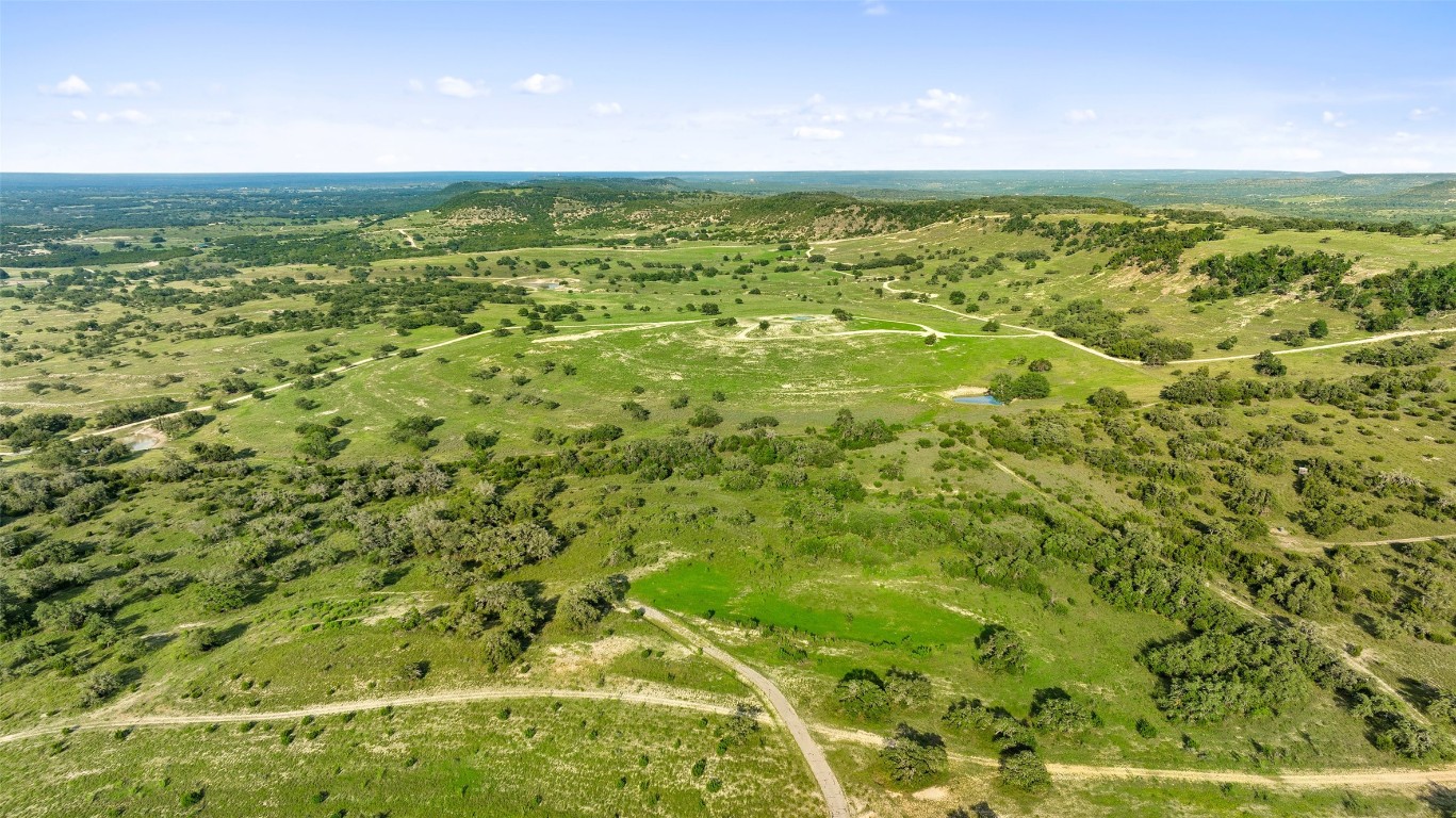 a view of a green field with lots of trees in the background