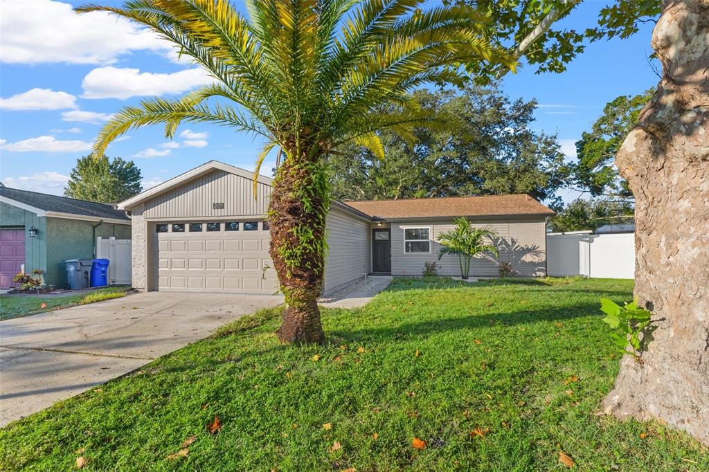 a view of a house with a yard and tree s